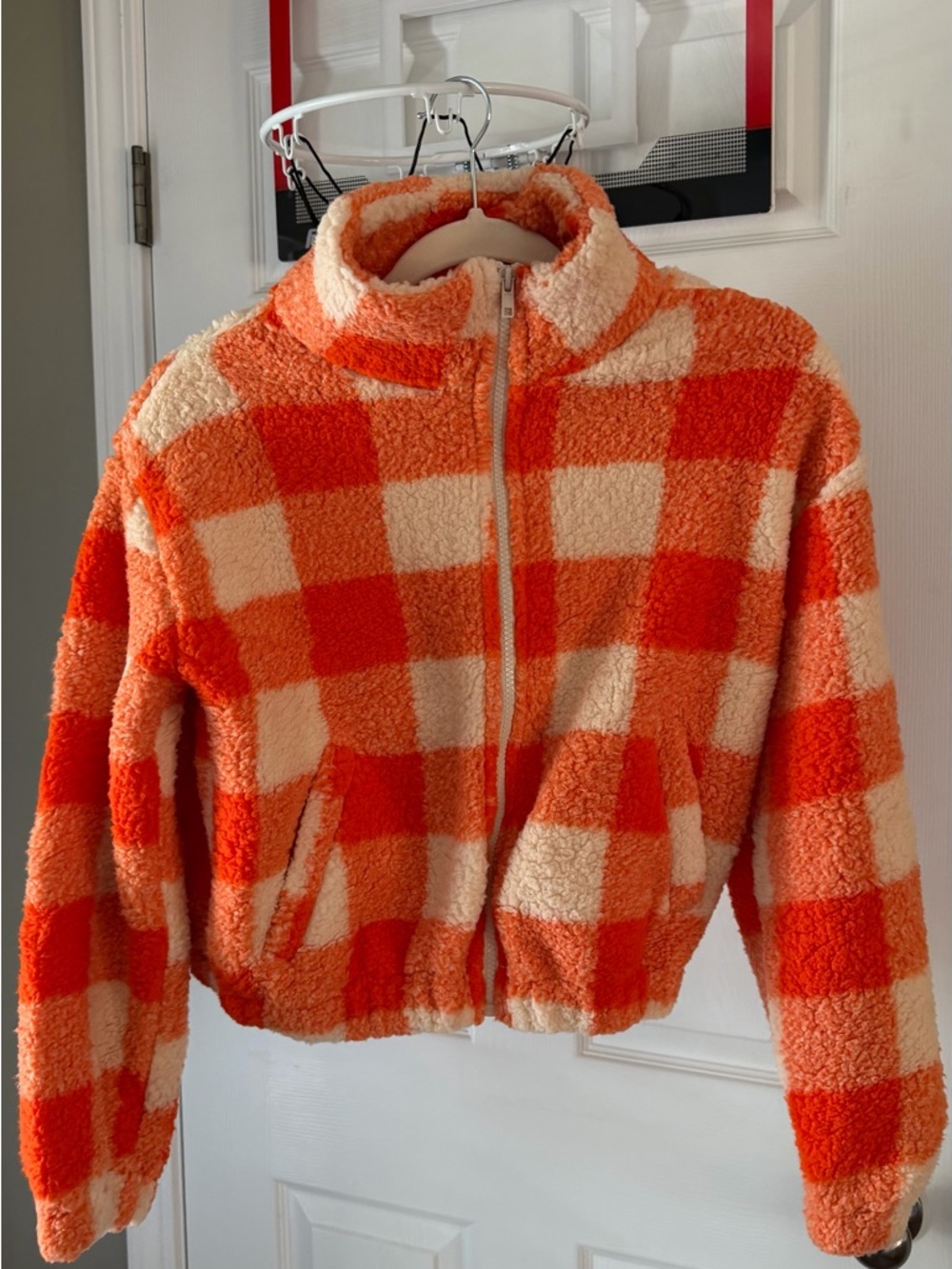 Active Basic Orange & Cream Checkered Sherpa Zip-Up